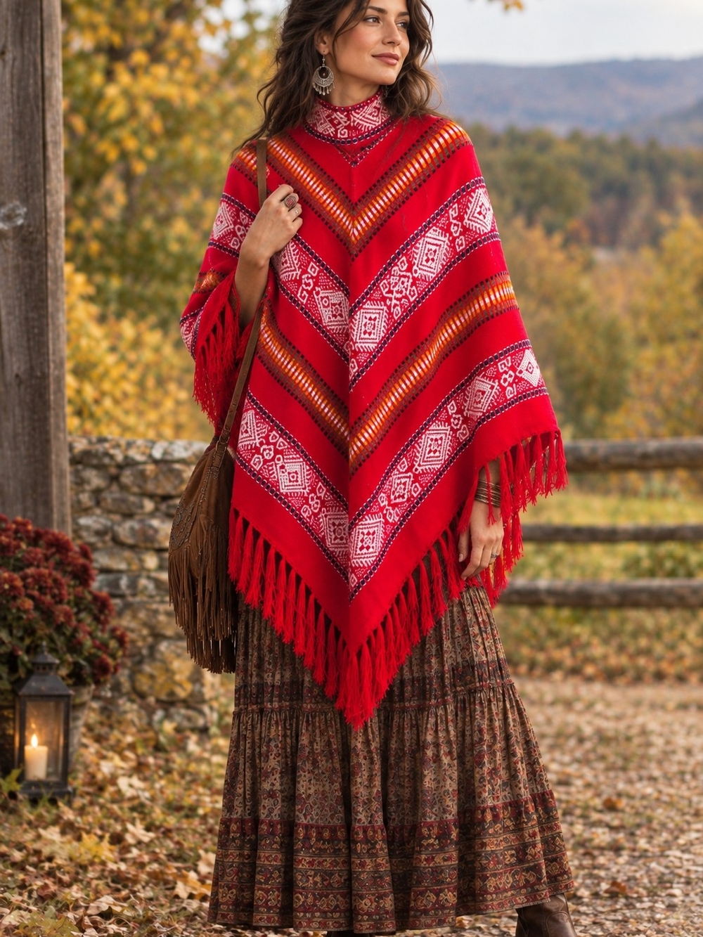 Fall Poncho Sweater Boho Ecuador Hand Woven Fringe Vibrant Red Warm Lightweight